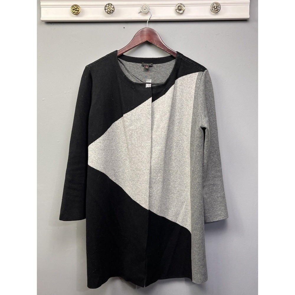 Ann Taylor Factory Cardigan Womens M Black Grey White Geometric Colorblock Open‎